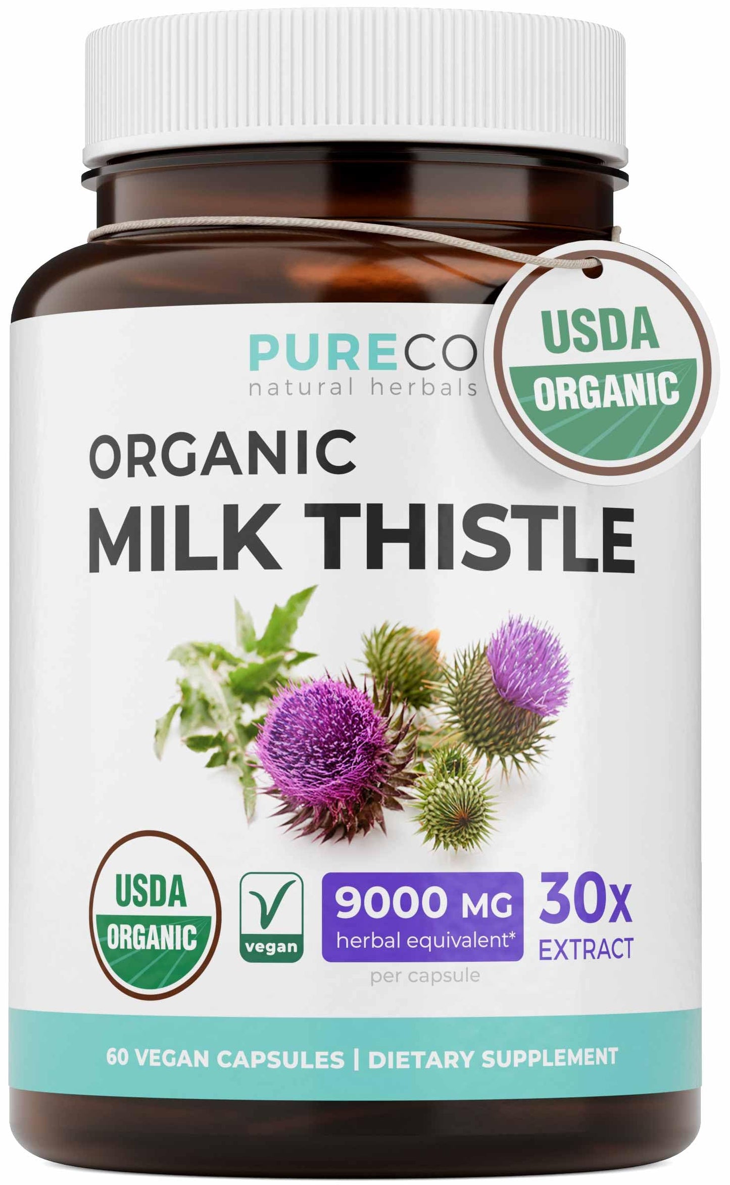 USDA Organic Milk Thistle Capsules - 80% Silymarin Supplement for Liver Support- Super Concentrated 300mg of 30:1 Milk Thistle Extract Equivalent to 9,000mg - Milk Thistle Liver Detox 60 Day Supply