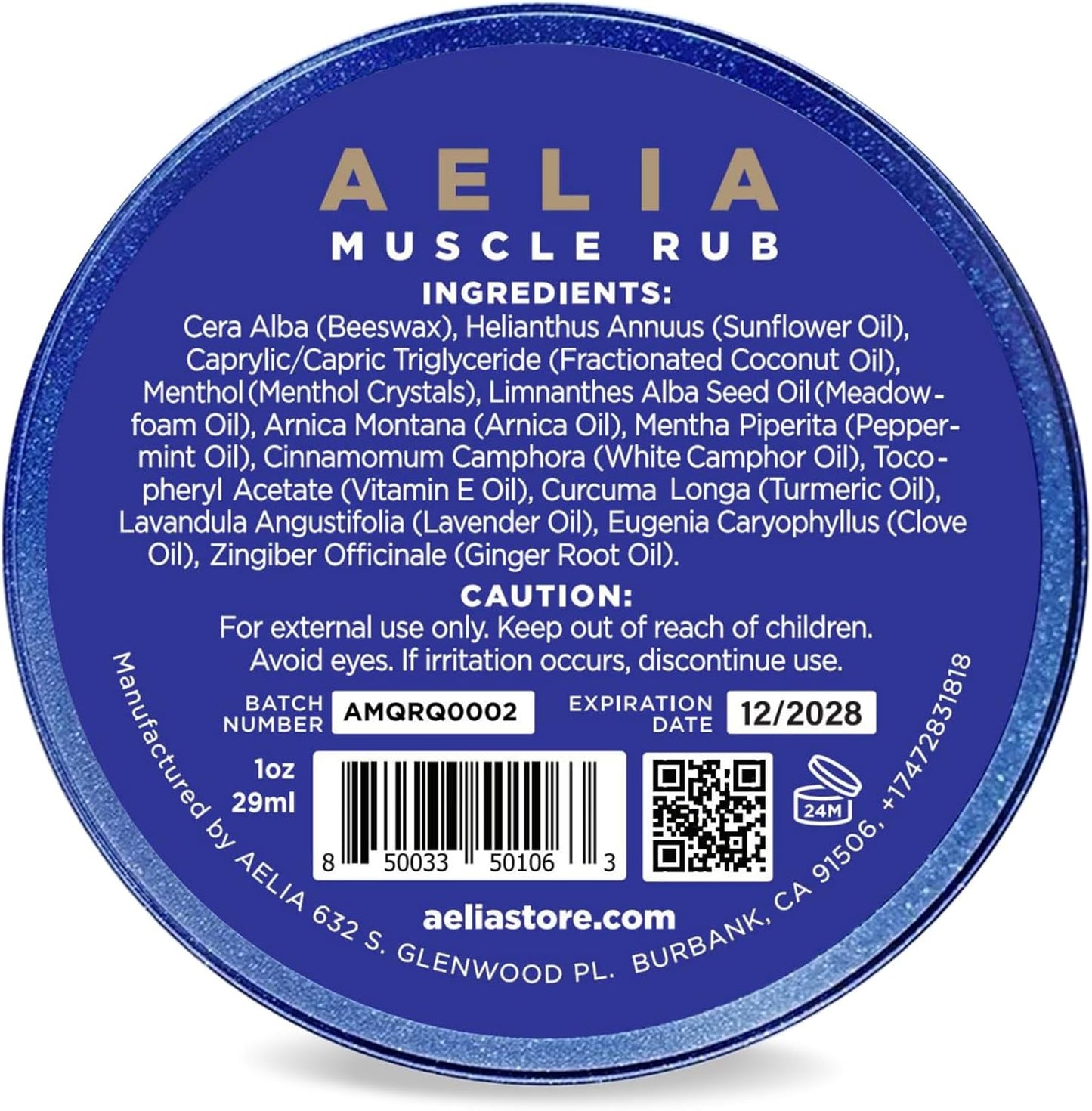 AELIA Muscle Rub - Coconut Oil, Vitamin E, Arnica, Ginger Root, Turmeric & Lavender – 1 oz