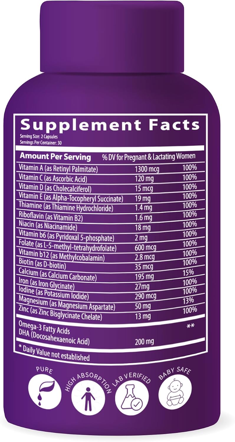 BioImmune Ultra Strength Bio-Available Prenatal Vitamins for Women, Naturally Occurring Methylated Folate Folic Acid, DHA Omega 3. Supports Brain Development, Healthy Fetal Development