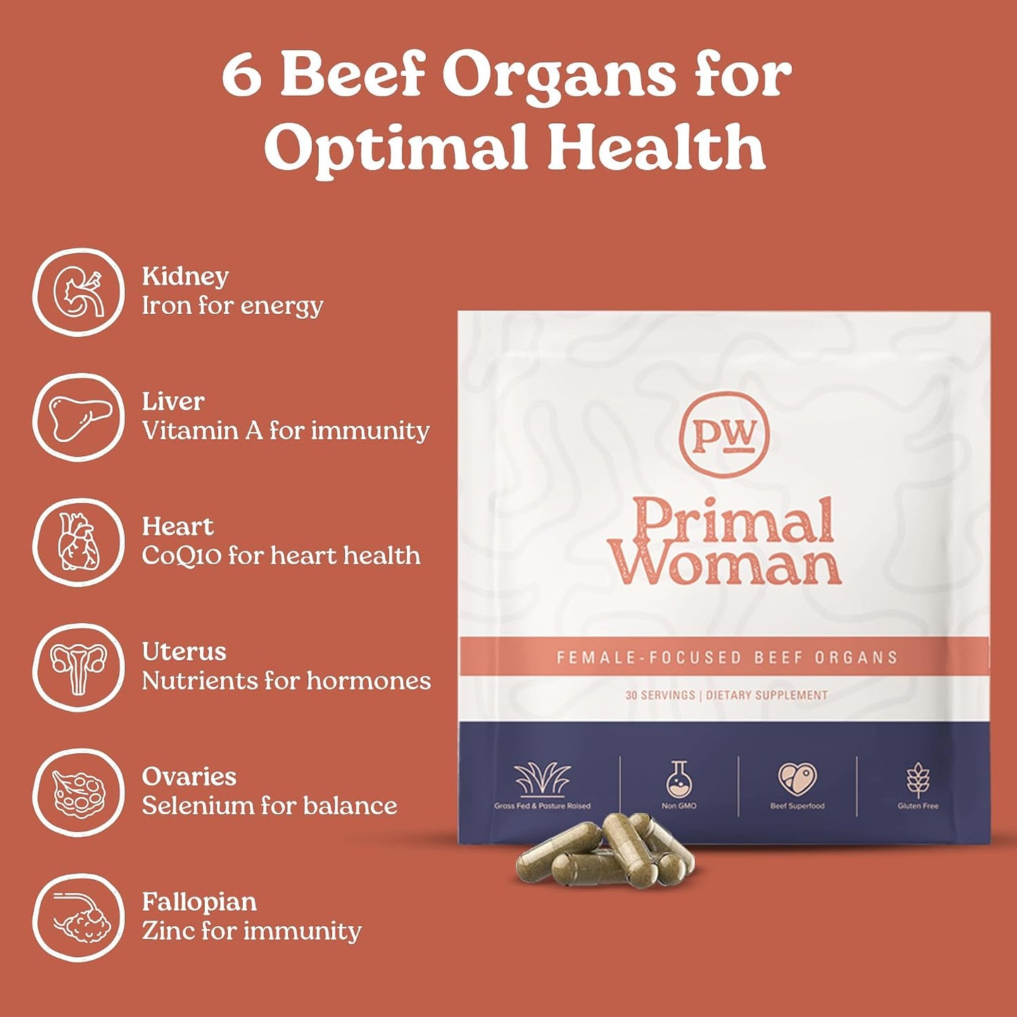 Beef Organ Liver Heart for Women, Grass-Fed, 60 Capsules | Pasture-Raised, Nutrient-Dense Nutrition for Daily Energy, Hormone Balance and Vitality; Easy-to-Swallow Female Formula