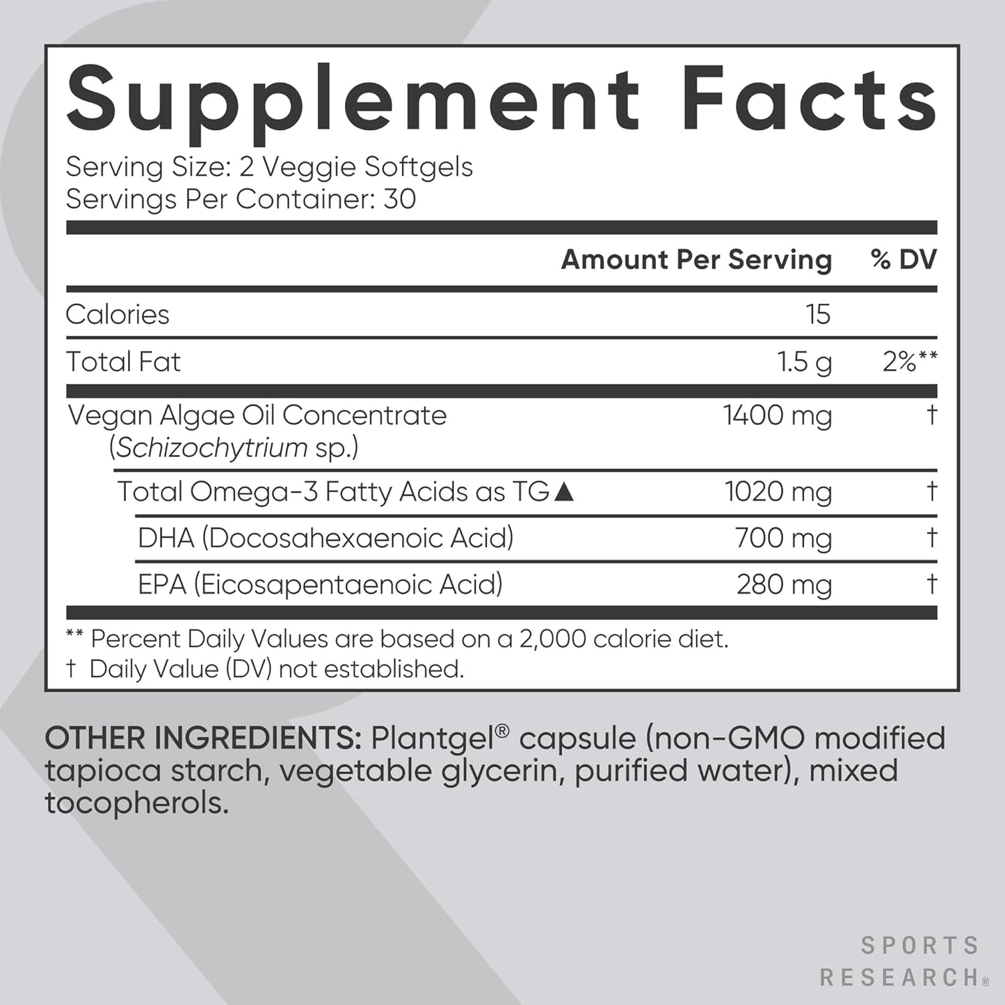 Sports Research Vegan Omega-3 Fish Oil Alternative from Algae Oil - Highest Levels of Vegan DHA & EPA Fatty Acids | Non-GMO Tested & Vegan Certified - 60 Veggie Softgels (Carrageenan Free)