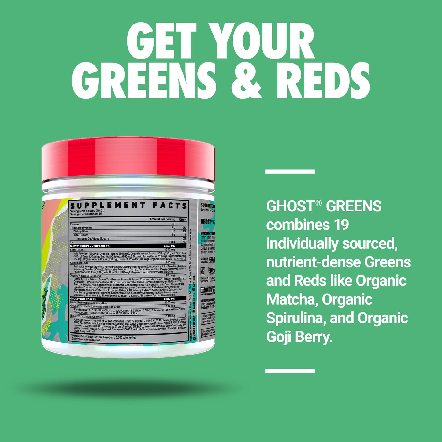 GHOST Greens Powder, Guava Berry - 30 Servings - 19 Superfood Greens & Reds Powder, Fruits, Vegetables, Spirulina, & Chlorella, Prebiotics, 10 Billion CFU Probiotic & Digestive Enzymes - Gluten-Free