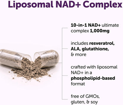 Micro Ingredients Liposomal NAD+ Ultimate Complex 1,000mg | 60 Veggie Capsules | NMN Pathway Formula | 10-in-1 with Resveratrol, Glutathione, & Astaxanthin | NAD Supplement for Women & Men