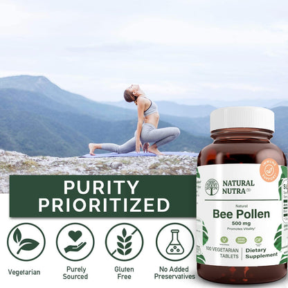 Natural Nutra Bee Pollen 500 mg, Helps Promote Vitality and Immune System, Improve Overall Health, Helps Improve Body Stamina, 100 Tablets