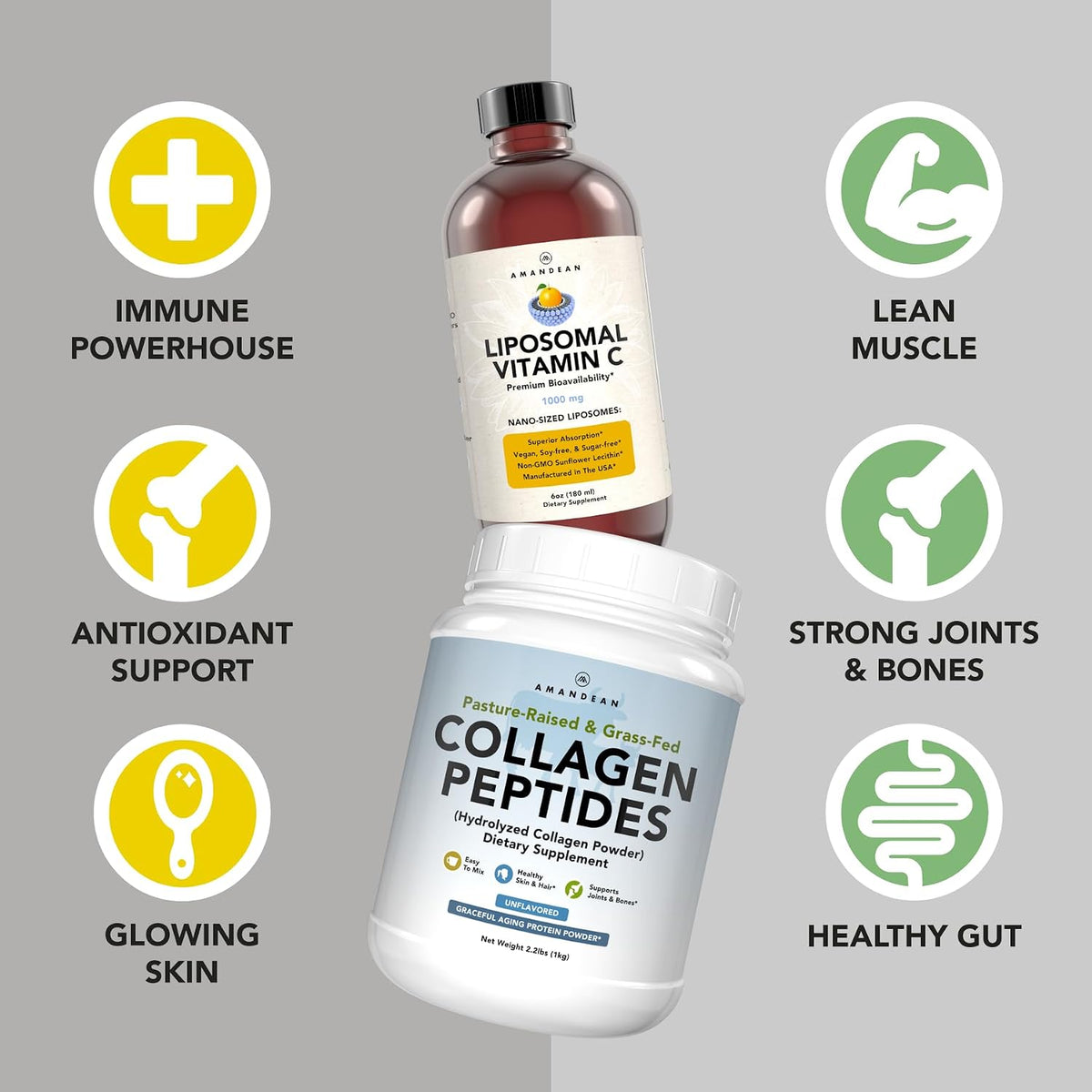 AMANDEAN Premium Liposomal Vitamin C & Bovine Collagen Peptides Bundle. Powerful Antioxidant. Liquid Quali-C. Grass-Fed Collagen. Hydrolyzed Type 1 & 3. Immune Support. Healthy Skin, Hair & Nails