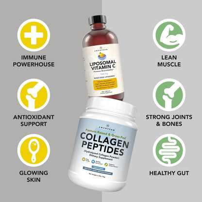 AMANDEAN Premium Liposomal Vitamin C & Bovine Collagen Peptides Bundle. Powerful Antioxidant. Liquid Quali-C. Grass-Fed Collagen. Hydrolyzed Type 1 & 3. Immune Support. Healthy Skin, Hair & Nails