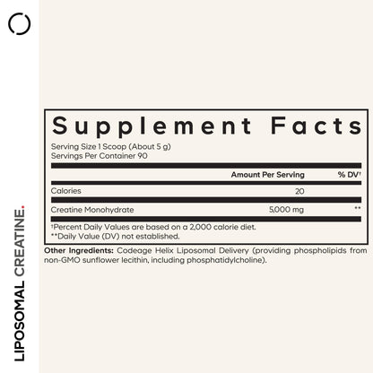 Codeage Liposomal Creatine Powder, 5000mg, Monohydrate, Unflavored, 90 SRV | Liposomal micronized creatine monohydrate, 5 g per serving, unflavored. Three-month supply. Non-GMO.