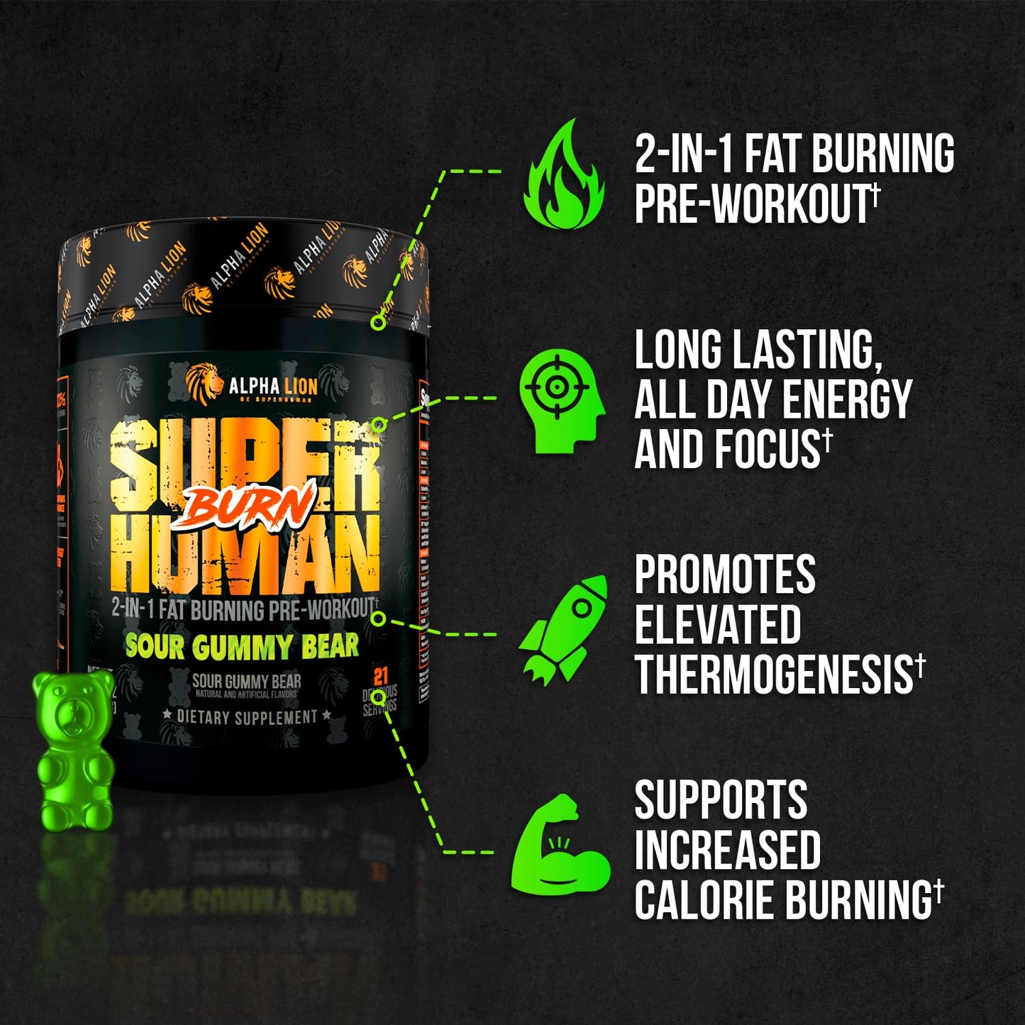 ALPHA LION Superhuman Burn – 2 in 1 Metabolism Booster Pre Workout and Thermogenic Fat Burner for Men – Appetite Suppressant and Weight Loss Supplement (21 Servings, Sweet Black Cherry Flavor)