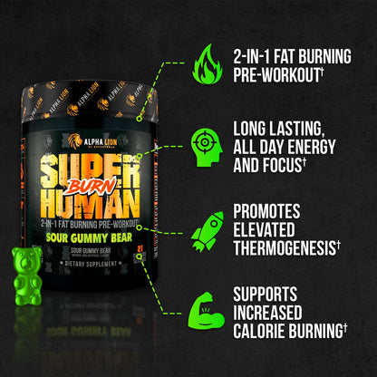 ALPHA LION Superhuman Burn – 2 in 1 Metabolism Booster Pre Workout and Thermogenic Fat Burner for Men – Appetite Suppressant and Weight Loss Supplement (21 Servings, Sweet Black Cherry Flavor)