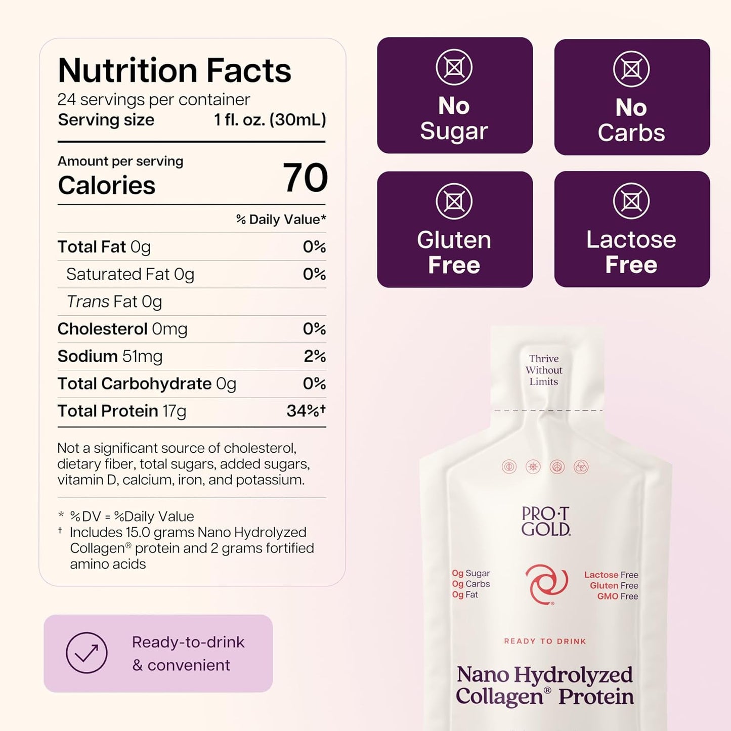 Liquid Collagen Protein Shot, Berry, 17g Protein, 24 pk | Nano Hydrolyzed Grass Fed Collagen, 0g Carbs, Hair, Skin & Nails, Amino Acids, Sugar Free, Gluten Free, 1 fl oz Shots