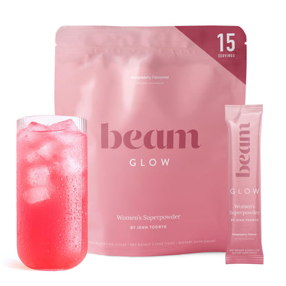 BEAM Glow Hormone Support & Cortisol Supplement for Women - Daily Vitamins for Women with Ashwagandha, Selenium, Zinc, Vitamin A, Biotin for Cycle Health, Mood & Energy, Strawberry Kiwi, 15 Servings