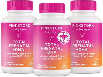 Pink Stork Total Prenatal Vitamins for Women, Clean Label, 60 Count, Mint | Vegan DHA, Methylfolate, Iron, Choline, Vitamin B12 - Preconception Nutrition - No Fishy Burps - Pregnancy Essentials