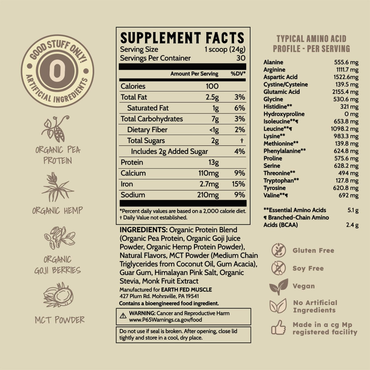 Earth Fed Muscle Organic Plant Protein Powder, Chocolate, 1.74 lb