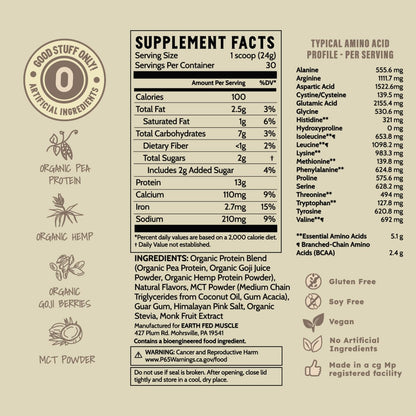 Earth Fed Muscle Organic Plant Protein Powder, Chocolate, 1.74 lb