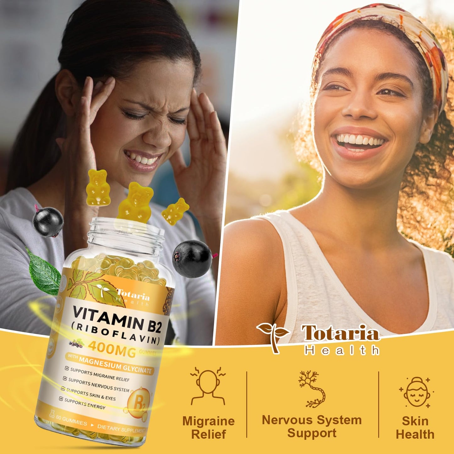 Totaria Vitamin B2 Gummies, Sugar Free Riboflavin 400mg Supplement for Adults & Kids with Magnesium Glycinate 400mg, COQ10 & Elderberry, Skin & Nervous System Support, Non-GMO, 60 Gummies