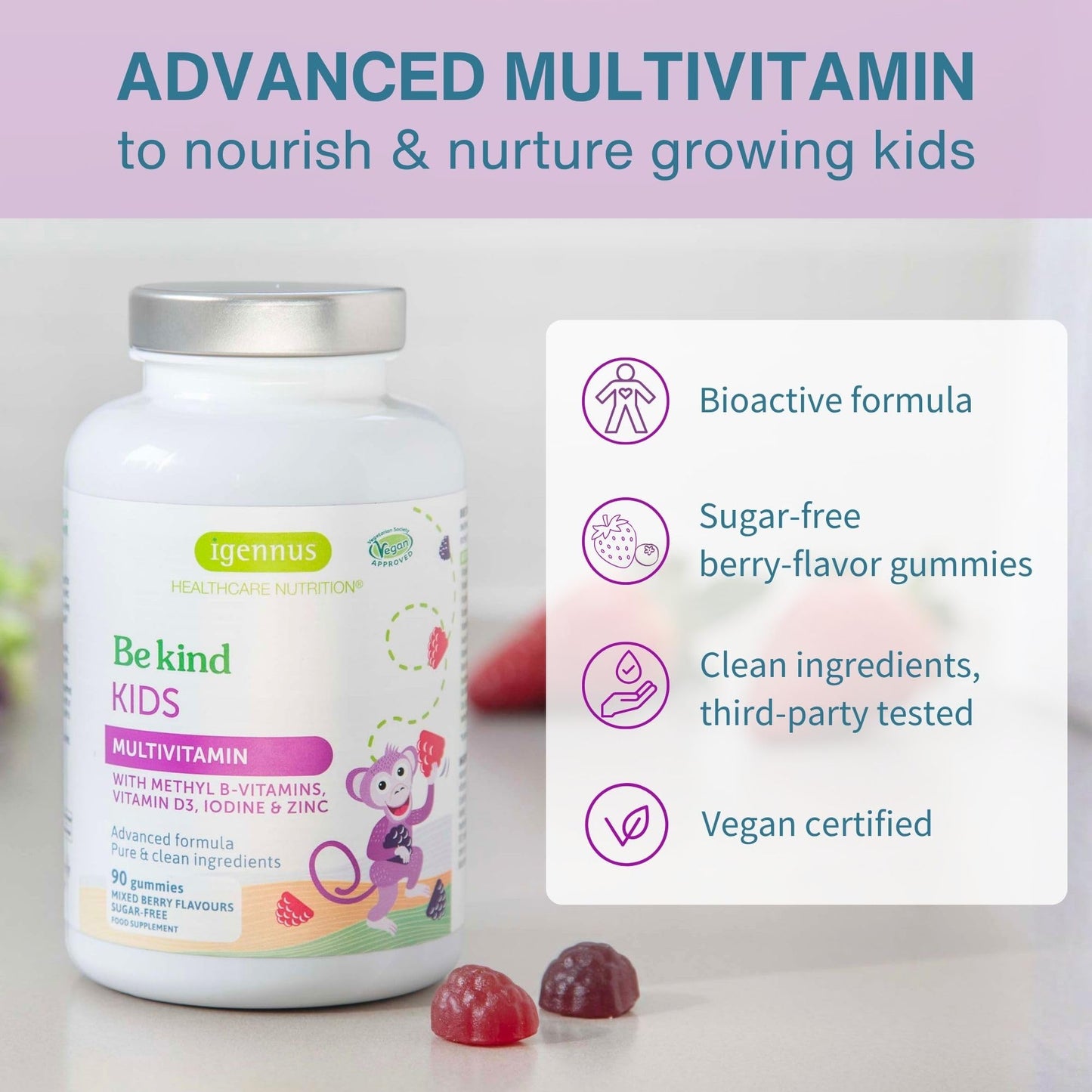 Igennus Methylated Kids Multivitamin Gummies, Age 4+, 90 Gummies | Clean Label & Third Party Tested, No Artificial Sweeteners or Flavors, Sugar Free, Natural Berry Flavor, Non-GMO, Halal