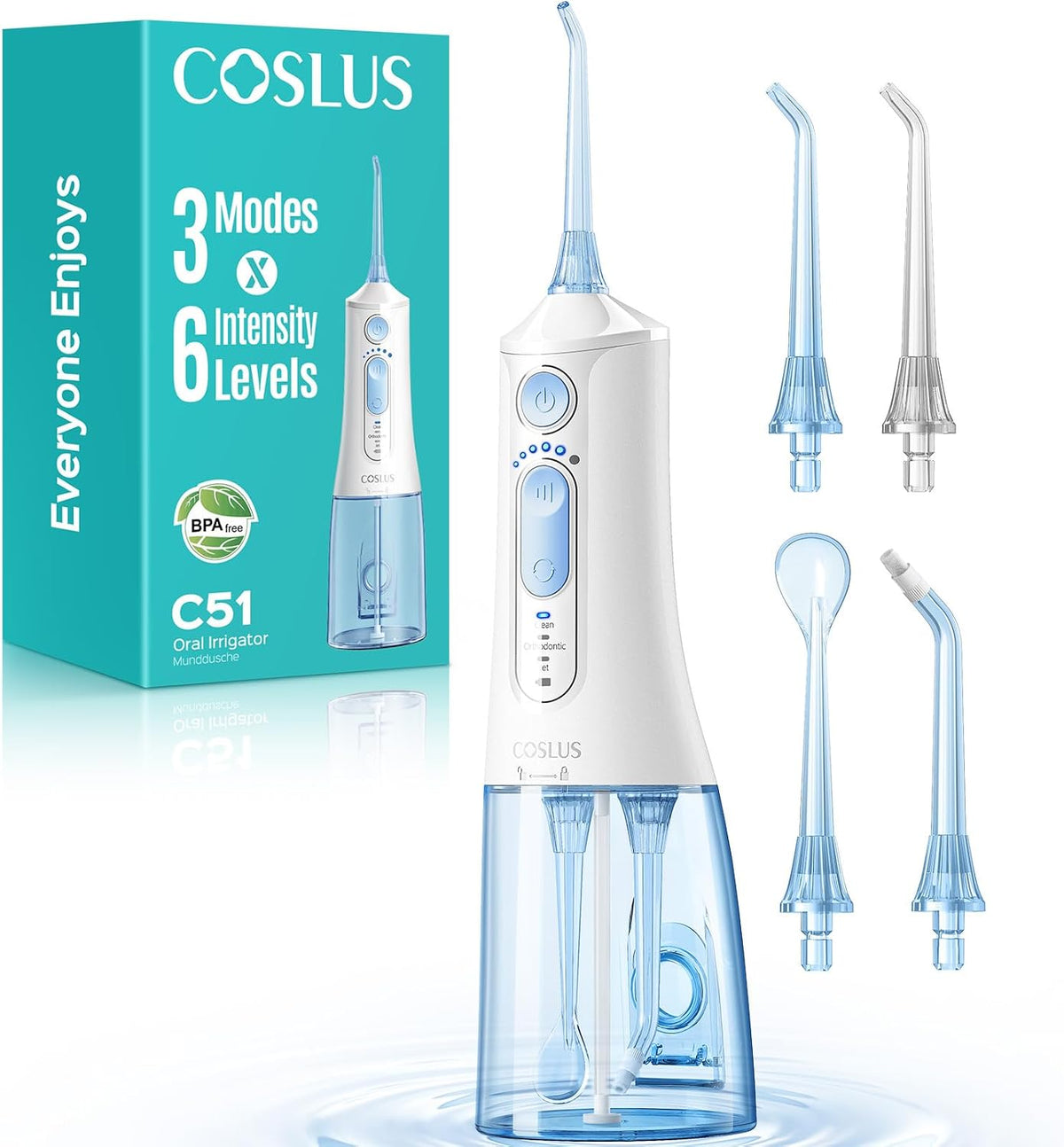COSLUS ADA Accepted C51 Water Dental Flosser, 3 Modes 6 Pressure, White