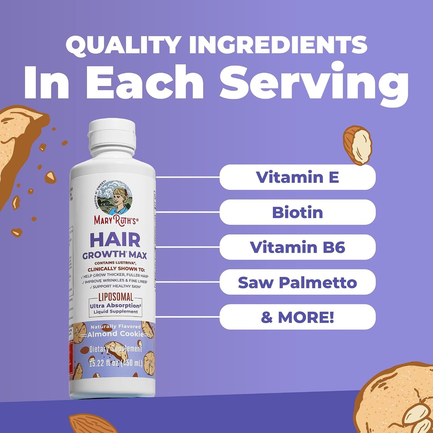 MaryRuth's Hair Growth Max Liposomal for Women | Lustriva® + Biotin 10000mcg + Pumpkin Seed Oil | Thicker Hair | Hair Care | Wrinkles, Fine Lines, Skin Care | Ages 18+ | CLP Certified | 15.22 Fl Oz