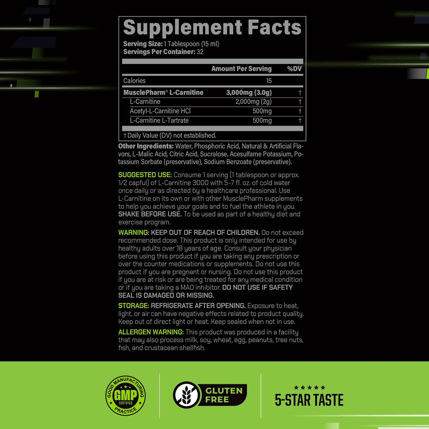 Muscle Pharm L-Carnitine 3000, The Ultimate Liquid L Carnitine Supplement for High-Performance, Supports Metabolism, Hydration & Energy, Zero Sugar, Low Calories, Sour Cherry Flavor, 32 Servings