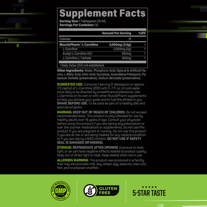 Muscle Pharm L-Carnitine 3000, The Ultimate Liquid L Carnitine Supplement for High-Performance, Supports Metabolism, Hydration & Energy, Zero Sugar, Low Calories, Sour Cherry Flavor, 32 Servings