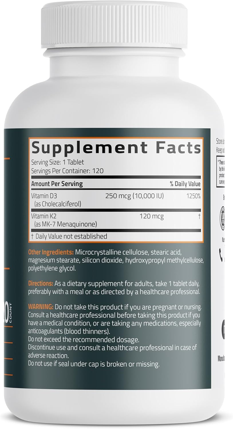 Bronson Vitamin K2 (MK7) with D3 Supplement Extra Strength 2 in 1 Support, 10,000 IU Vitamin D3 & 120 mcg K2 MK-7, 120 Tablets