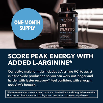 Saw Palmetto and L-Arginine for Men Capsules for Men's Health, 30 Servings | Vegan, Non-GMO Prostate Health Supplements for Men and Nitric Oxide Support, Urinary Tract Function and Endurance Support