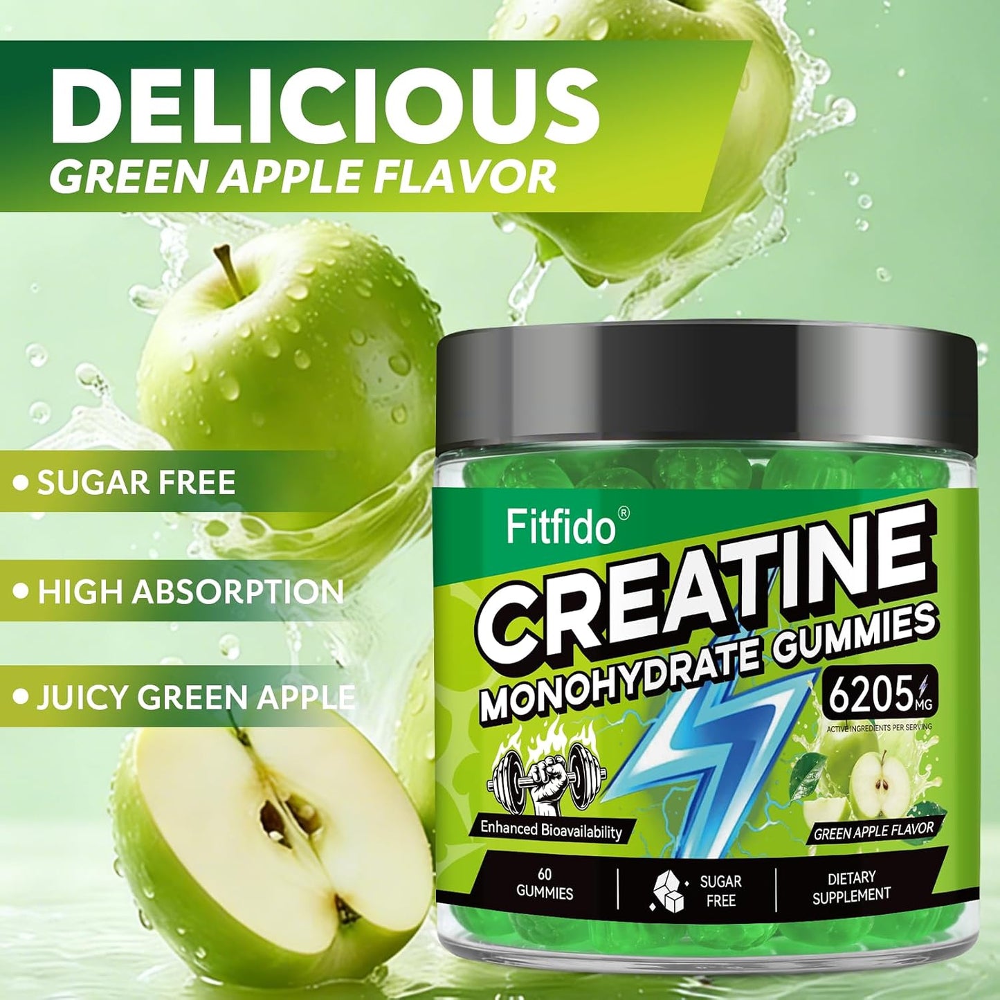 Creatine Monohydrate Gummies with L-Carnitine, 60 Count | Creatine Monohydrate, Gym & Training, Muscle Performance Support, L-Carnitine, Taurine, Sugar Free, Vegan
