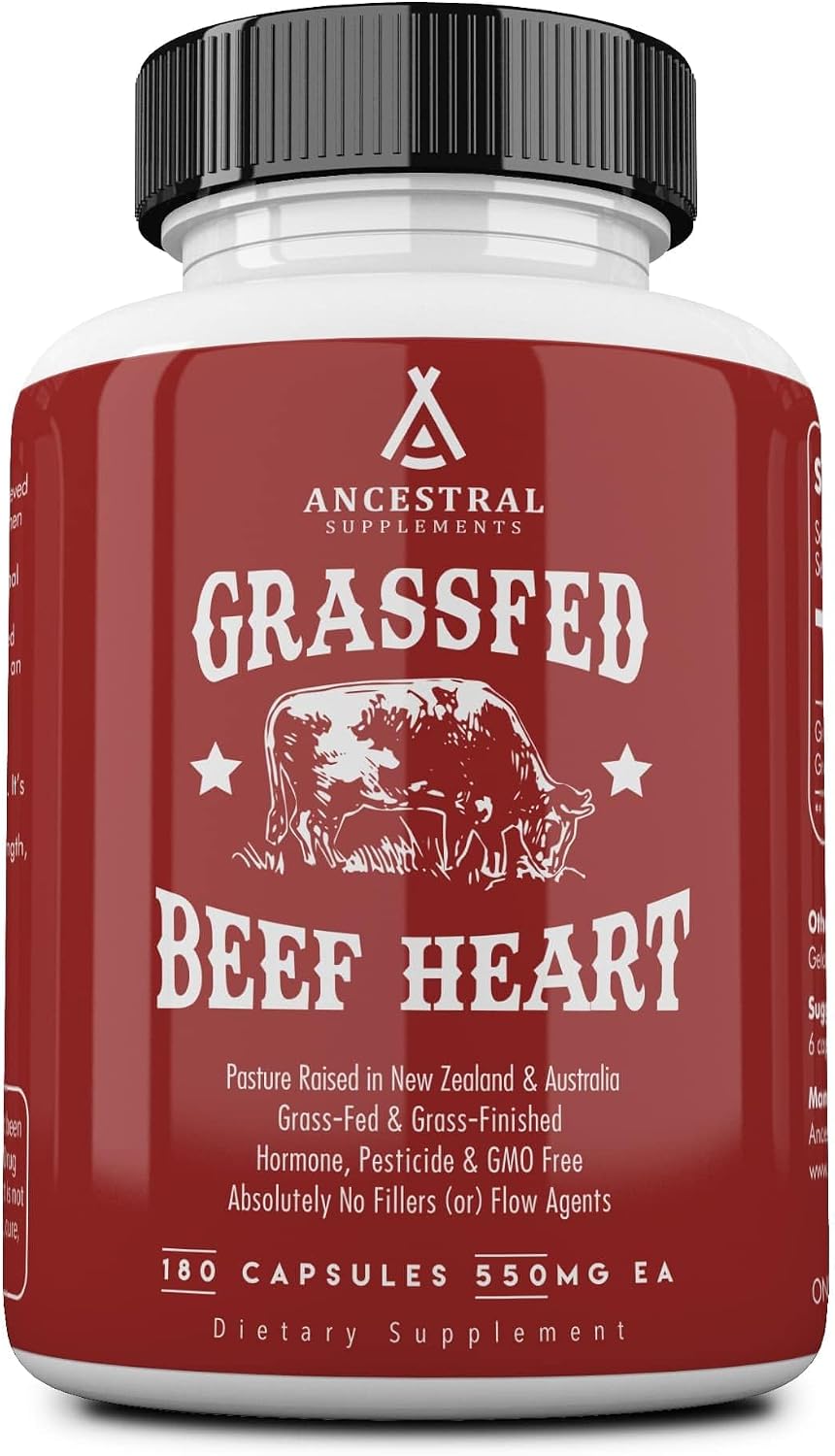Ancestral Supplements Grass Fed Beef Heart Supplement, CoQ10, 180 Ct | A whole food heart health supplement with CoQ10 supports mitochondrial function and cardiovascular energy.
