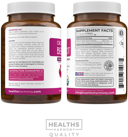 USDA Organic Beet Root Powder (120 Tablets) 1350mg Beets Per Serving with Black Pepper for Extra Absorption - Super Antioxidant and Nitrate Supplement for Athletic Performance and Stamina- No Capsules