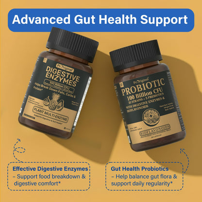 Digestive Enzymes Supplement with 100 Billion CFU Probiotic & Prebiotic | Multi-Enzyme Formula for Women & Men - Supports Digestive & Gut Health, Aids Protein, Carb & Dairy Digestion, 60 Caps