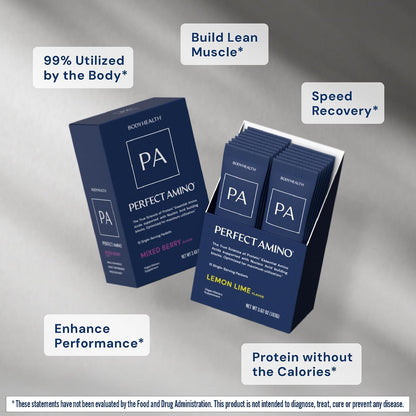 BodyHealth PerfectAmino Powder - BCAA and EAA Powder for Pre and Post Workout - Amino Acid Energy Drink for Men and Women to Support Lean Muscle and Recovery - Strawberry - Stick Packs - 15 Servings