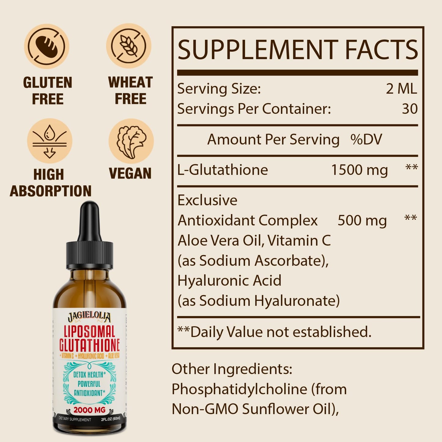 Jagielolia 2000MG Liposomal Glutathione Liquid, Made in The USA, Reduced Glutathione Supplement, Enhanced Absorption, Non-GMO, Powerful Antioxidant for Immune System, Energy, Aging Defense, 2 Floz