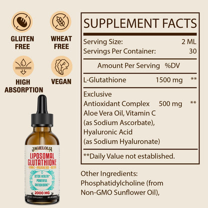 Jagielolia 2000MG Liposomal Glutathione Liquid, Made in The USA, Reduced Glutathione Supplement, Enhanced Absorption, Non-GMO, Powerful Antioxidant for Immune System, Energy, Aging Defense, 2 Floz