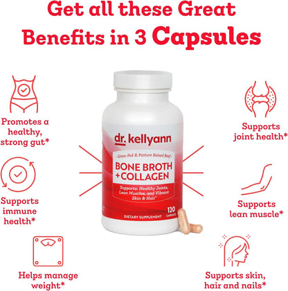 Dr. Kellyann Bone Broth Capsules | 500mg Collagen Per Serving | Supports Gut Health | Joint & Cartilage Repair | Skin Hair Nails | Fasting Support | Grass-Fed Beef | Digestive Wellness | 40 Servings