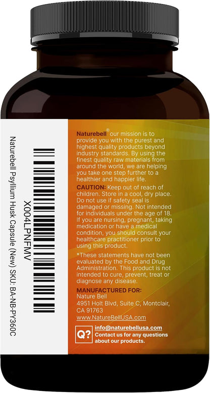 NatureBell Psyllium Husk Fiber Capsules 2,000mg Per Serving, 360 Caps | Soluble Fiber Supplement | 3-in-1 with Inulin & Chia Seed | Plant Based, Non-GMO, Gluten Free