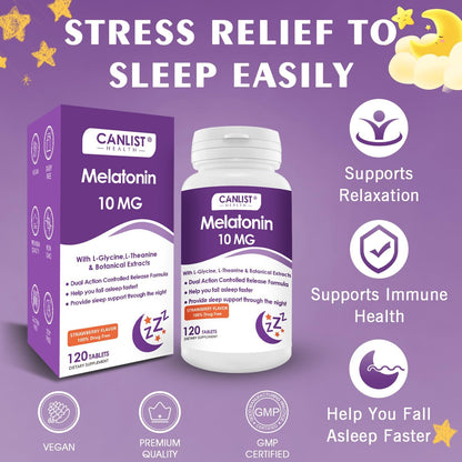 CANLIST Extra Strength Melatonin 10mg Tablets, Sleep Support, Fall Asleep Faster, Non-Habit Forming Sleep Aids for Adults, Sleep Cycle Regulation, Vegan, Non-GMO & Gluten-Free, 120 Tablets