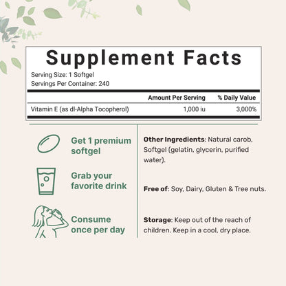 Micro Ingredients Vitamin E 1000 IU, 240 Softgels | Pure Vitamin E Oil Pills