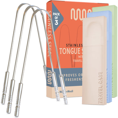 MasterMedi Tongue Scraper for Adults, 100% Stainless Steel Tongue Scrubber for Bad Breath, Easy to Use, Tongue Cleaner for Oral Care & Hygiene (SPTC-1|with Case)