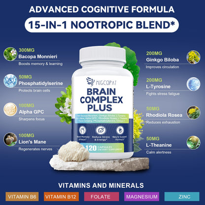 Brain Supplements for Memory and Focus | Nootropic with Bacopa Monnieri, Lion's Mane, Alpha GPC, Ginkgo Biloba | Mental Clarity & Cognitive Support | Vitamin B6 & B12 Neuro Health - Non-GMO, 120 Caps