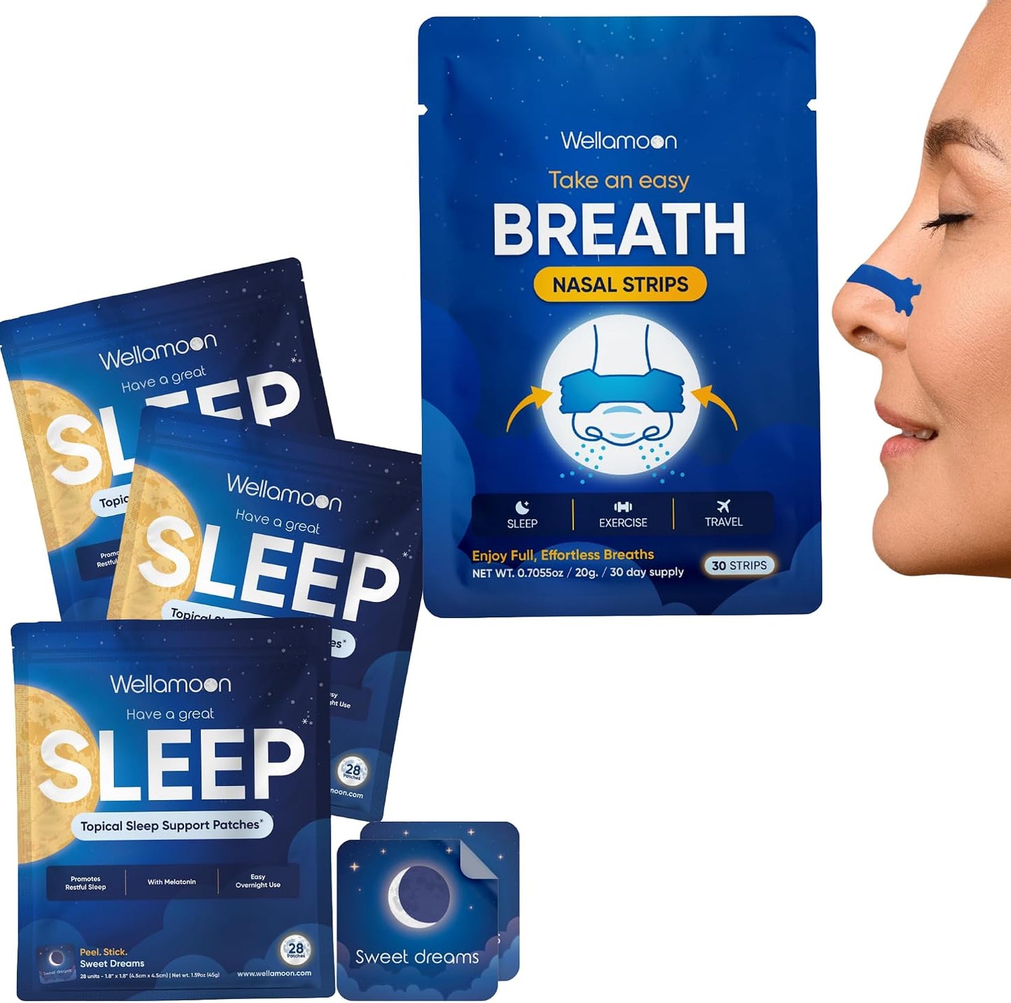 Wellamoon Sleep & Nasal Strip Bundle — Night-time Patch + Nasal Breathing Strips for Better Rest & Comfort