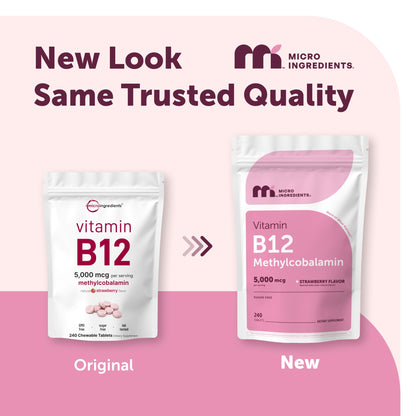 Micro Ingredients Vitamin B12 5,000 mcg | Methylcobalamin – 240 Chewable Tablets | Fast Dissolve, Natural Strawberry Flavor | Vegan, Non-GMO, Gluten Free - 1`