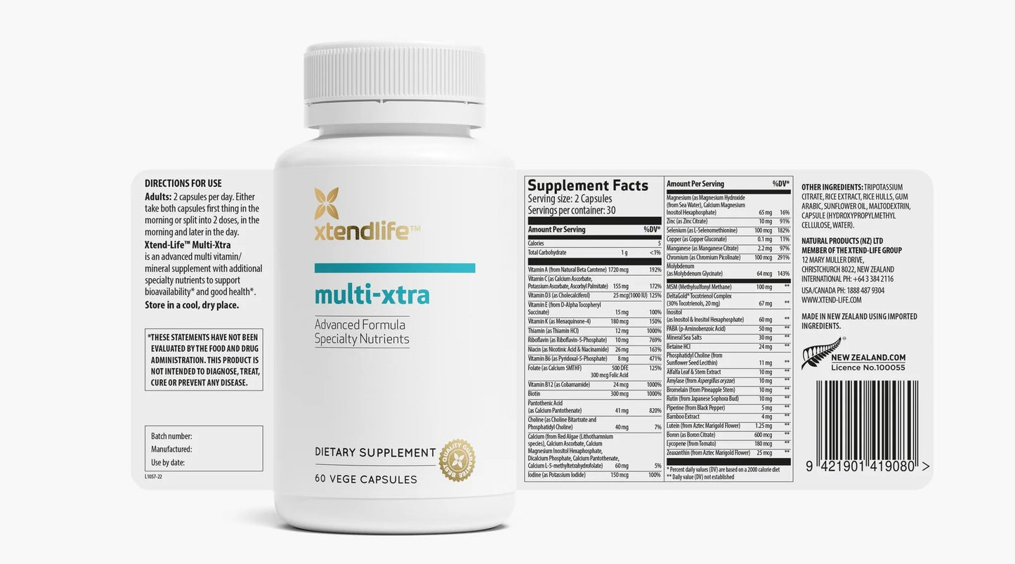Xtendlife Multi-Xtra Multivitamin for Immune, Heart & Energy Support - 40+ Bioavailable Vitamins, Minerals, Antioxidants & Herbs - for Men, Women & Children - 30 Day Supply