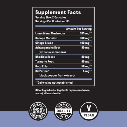 Brain Support Supplement - Natural Memory and Focus Supplement with Lion’s Mane, Ginkgo Biloba, Bacopa Monnieri & Ashwagandha Root - Natural Nootropics & Brain Booster | 60 Capsules
