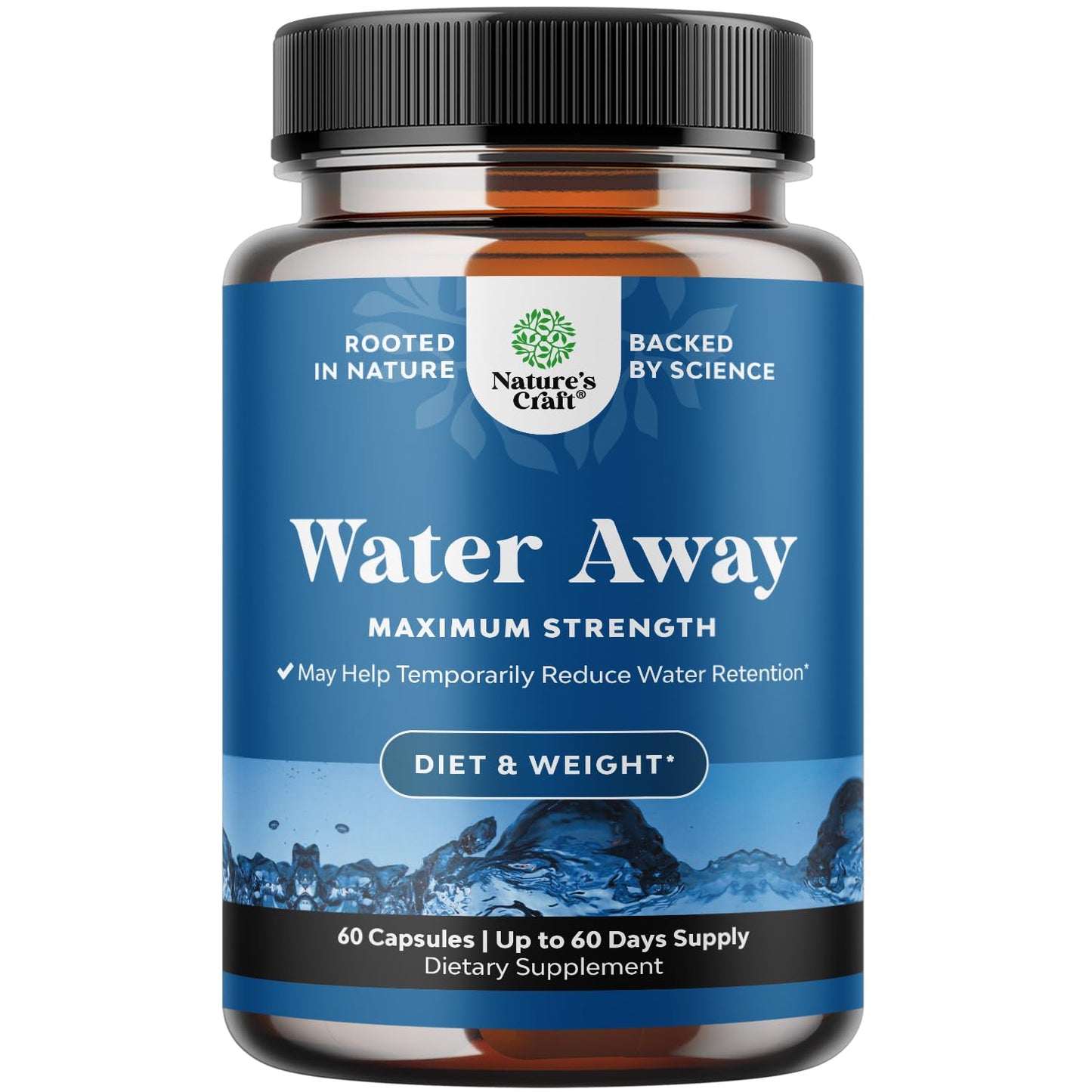 Water Away Herbal Diuretic Pills High Strength - Fluid Retention Supplement with Dandelion Leaf Extract & Green Tea for Bloating Relief for Women & Men - Capsules for Leg & Feet Swelling - 90 Count