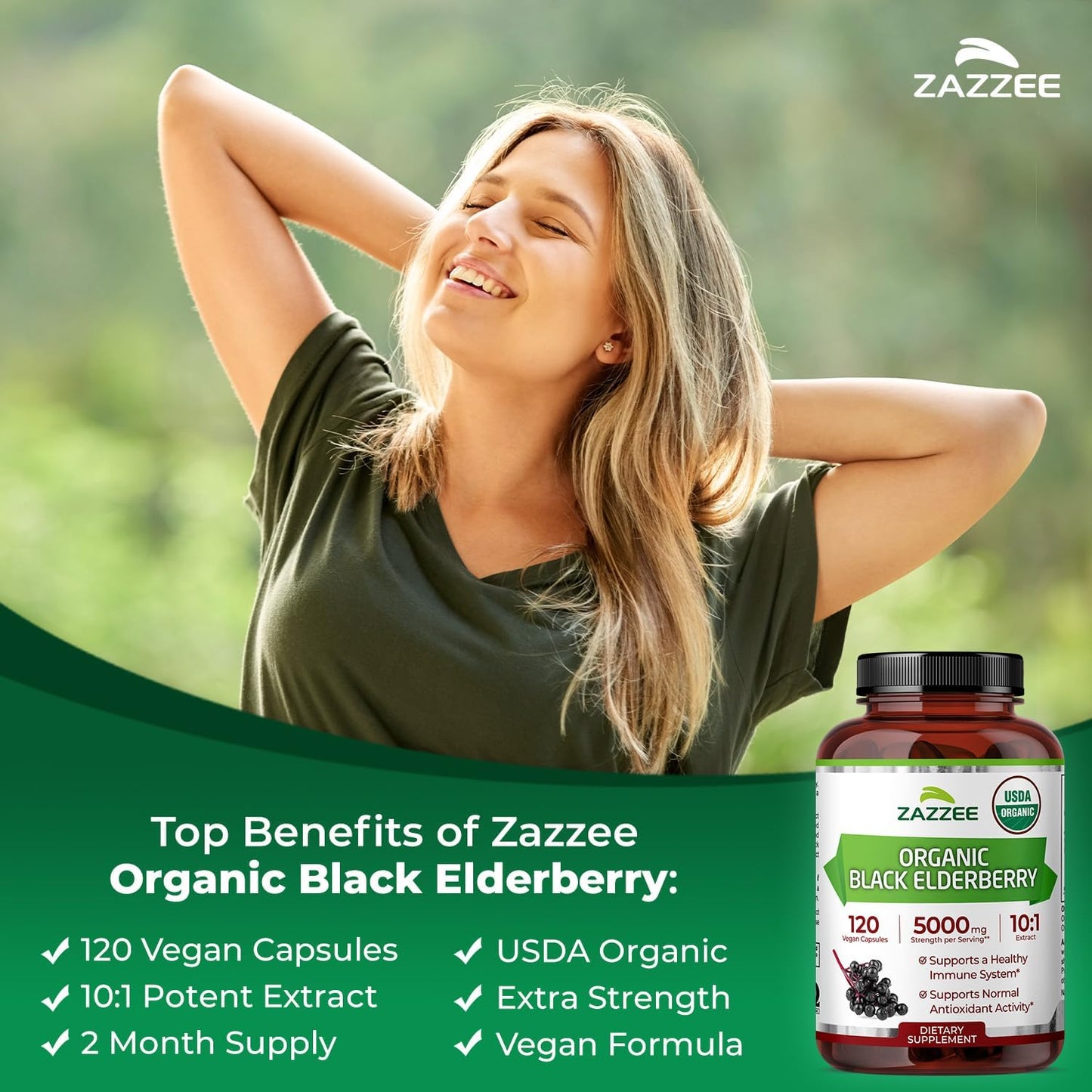 Zazzee USDA Organic Black Elderberry 10:1 Extract, 120 Vegan Capsules, 2 Month Supply, Sambucus Nigra, Antioxidant & Immune Support, Concentrated 10X Extract, All-Natural, Non-GMO, Made in the USA