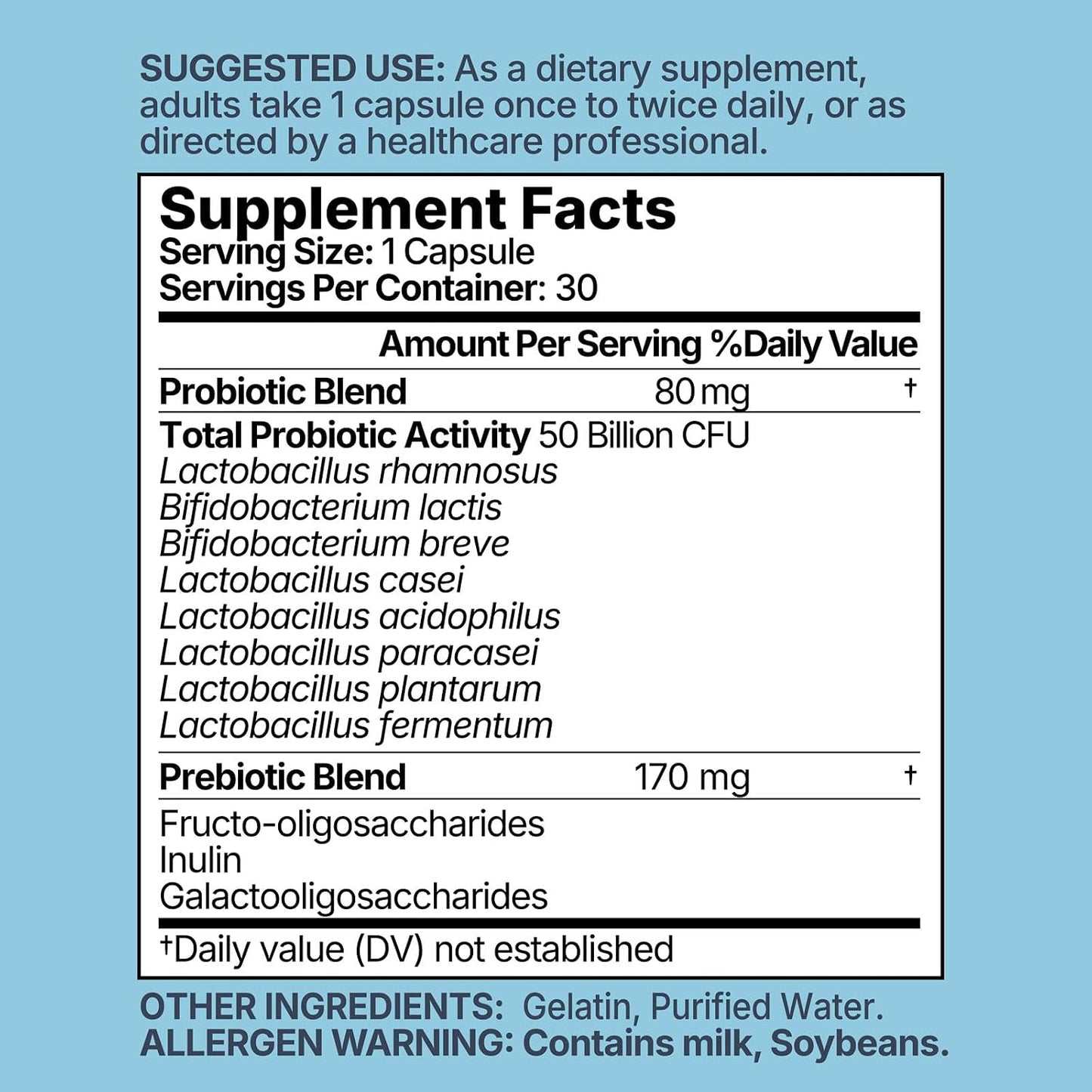 Probiotics 50 Billion CFU - 8 Unique Strains + 3 Prebiotics - Immune, Digestive & Gut Health - Supports Occasional Constipation, Diarrhea, Gas & Bloating - Probiotics for Women & Men - 30ct