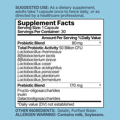 Probiotics 50 Billion CFU - 8 Unique Strains + 3 Prebiotics - Immune, Digestive & Gut Health - Supports Occasional Constipation, Diarrhea, Gas & Bloating - Probiotics for Women & Men - 30ct