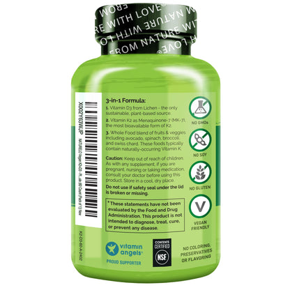 NATURELO Vitamin D3 K2 - Vegan with Plant Based D3 from Lichen - Natural Supplement for Immune System, Bone Support, Heart Health - Whole Food - Non-GMO - Gluten Free, 60 Capsules