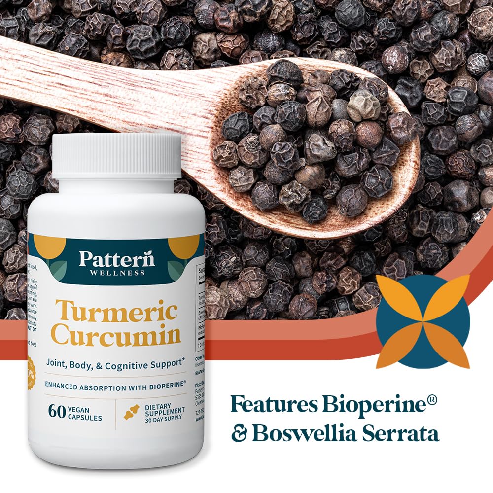 Pattern Wellness Turmeric Curcumin Supplement – 60 Capsules | 95% Curcuminoids with BioPerine® Black Pepper – Supports Joint, Cognitive & Immune Health – Non-GMO, Gluten Free