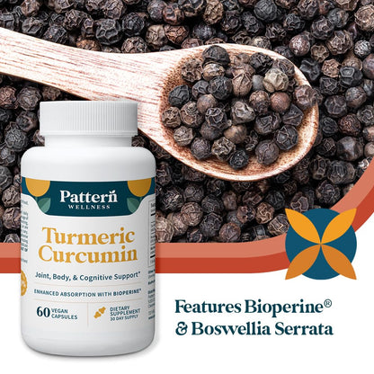Pattern Wellness Turmeric Curcumin Supplement – 60 Capsules | 95% Curcuminoids with BioPerine® Black Pepper – Supports Joint, Cognitive & Immune Health – Non-GMO, Gluten Free
